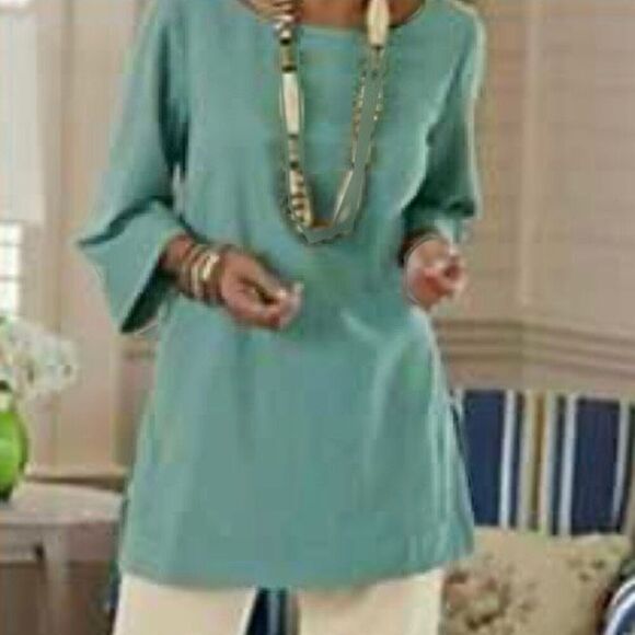 Soft Surroundings Cotton Tunic Blouse Womens Size Medium Pale Aqua - Picture 7 of 7